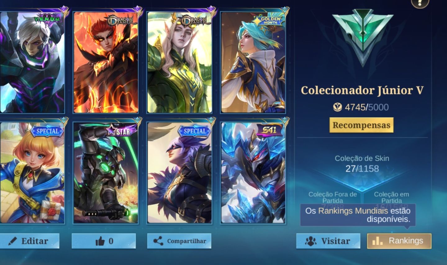 Conta mobile legends 27 skins