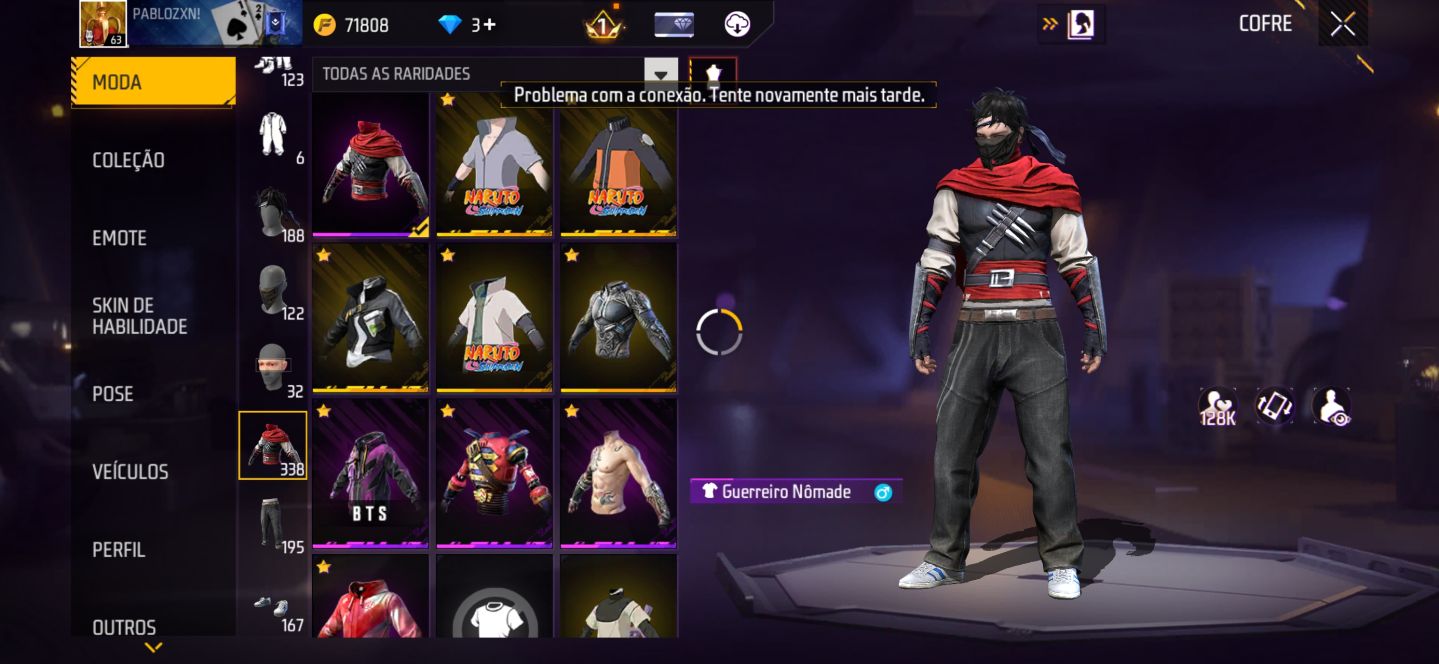 Conta de free fire com skins de Naruto da 1 temporada e bem antiga