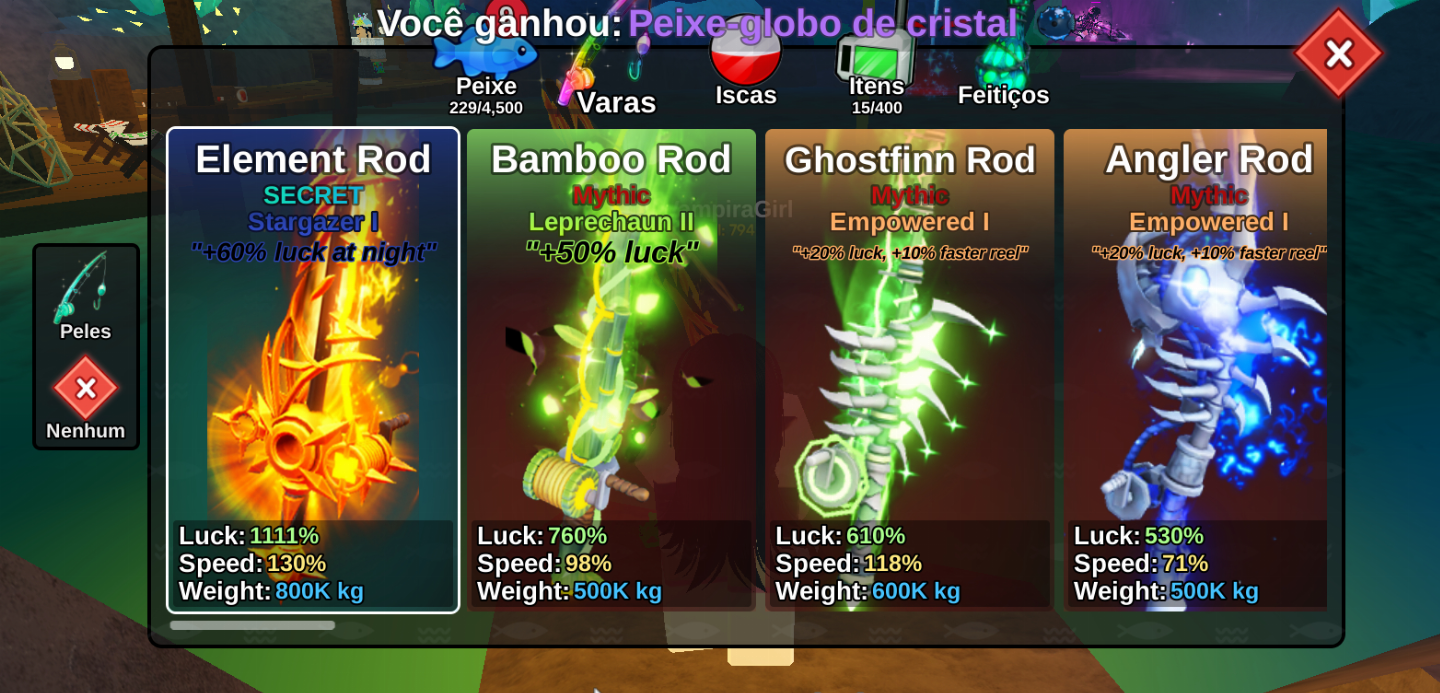 CONTA FISH IT LVL 866 + ELEMENT ROD +113M MONEY + 11 SECRETS + BARCOS NATALINOS
