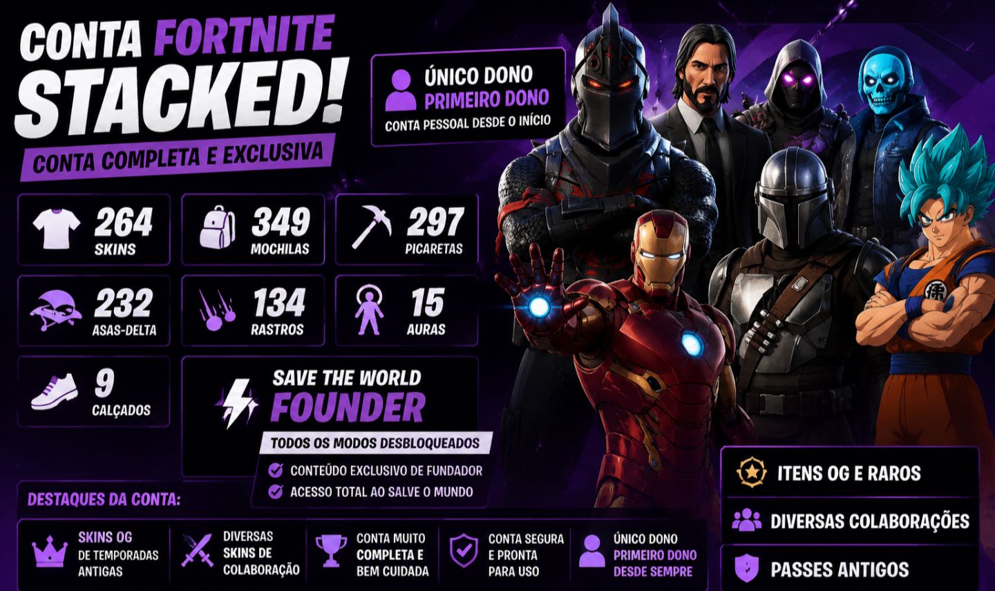 CONTA FORTNITE OG / STACKED 264 SKINS + STW FOUNDER