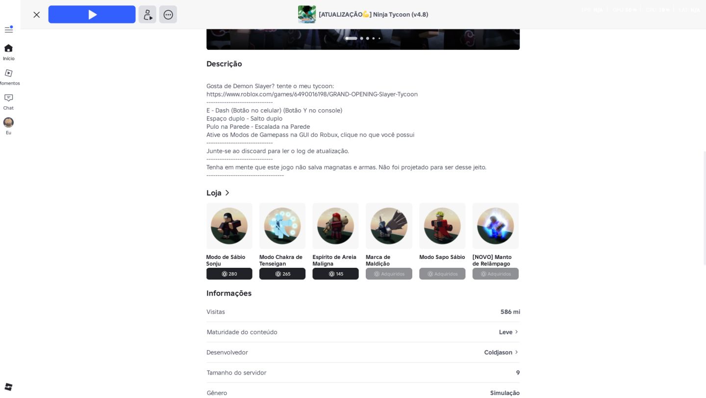 Conta de roblox com muitas skins forte em shindo life e mt jogos mt game pass