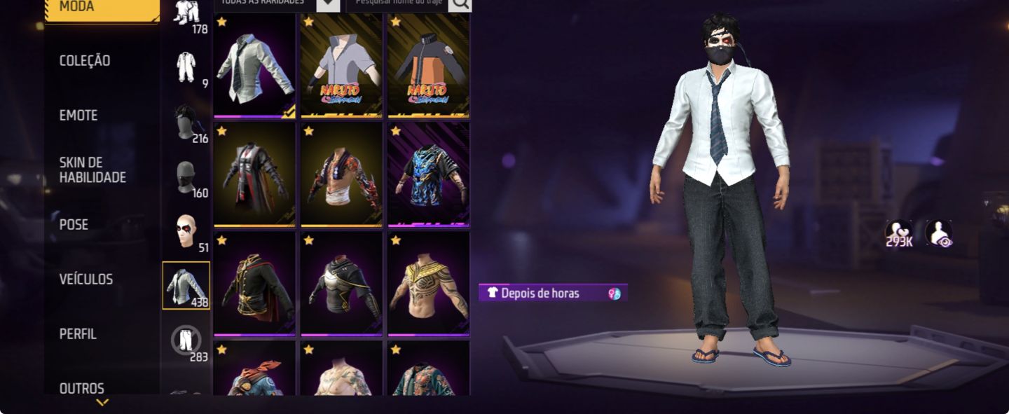 Conta Free Fire com full skins do naruto e mais