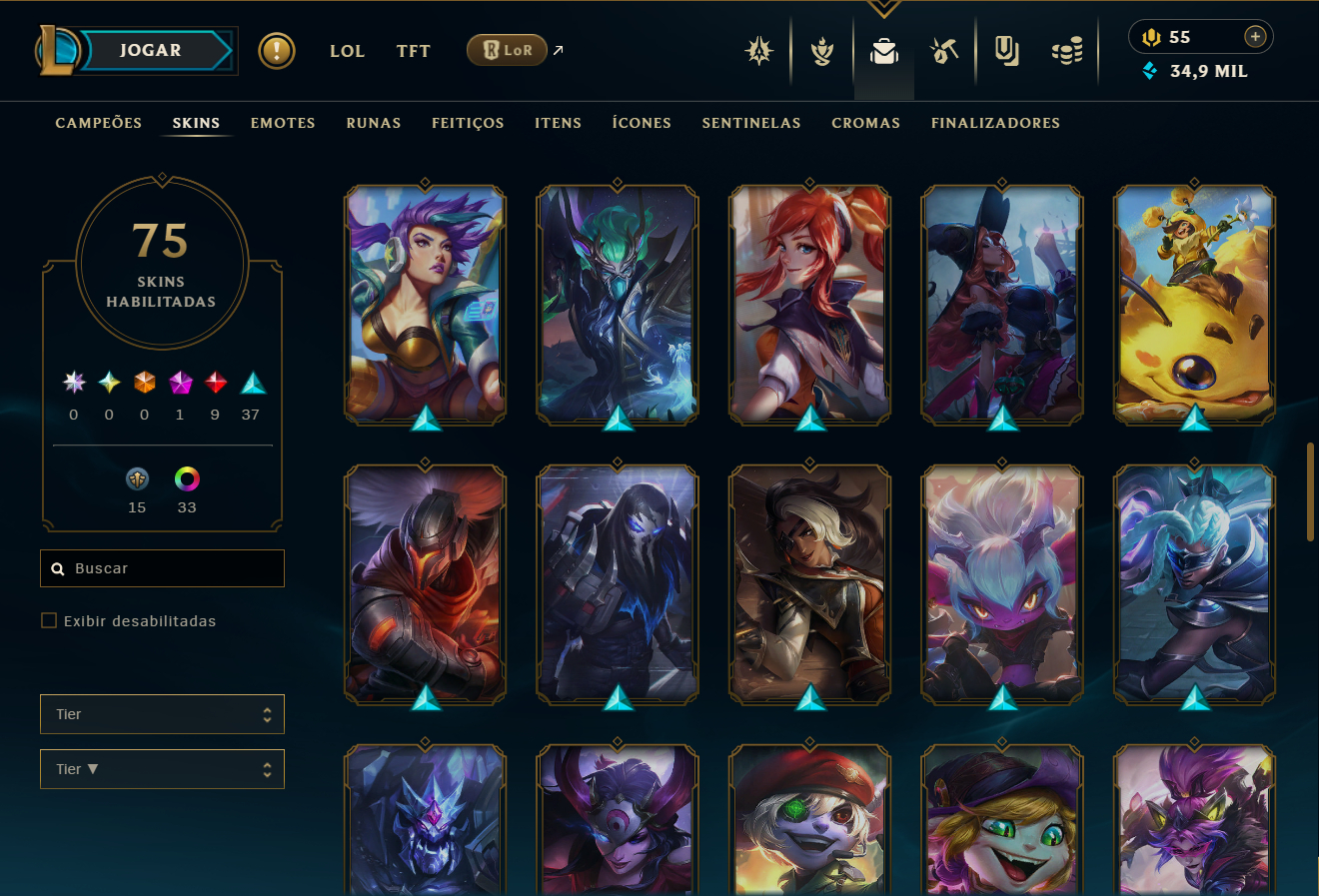 CONTA DE LOL E VALORANT COM 75 SKINS ESMERALDA (LOL) E PLATINA (VALORANT)