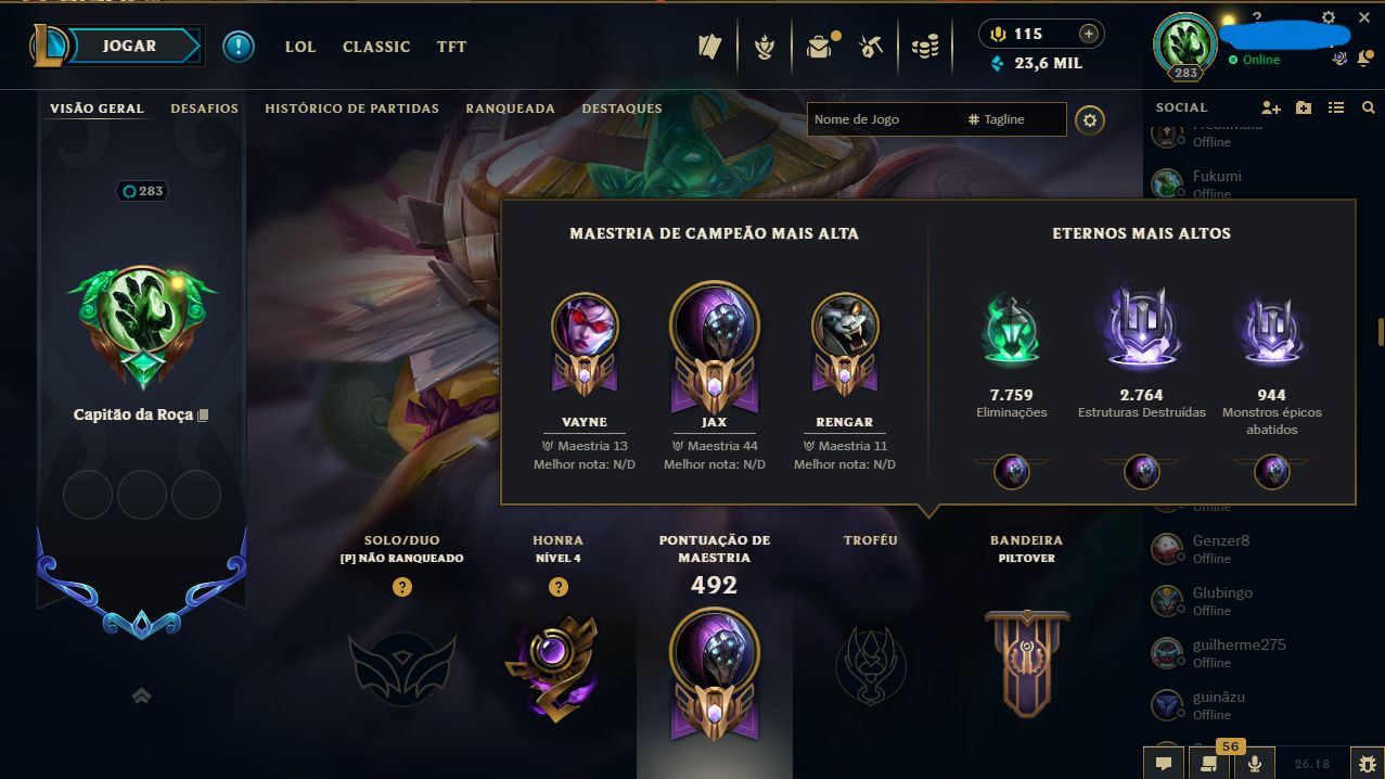 CONTA LOL LVL 283 | 196 SKINS | 239 ÍCONES