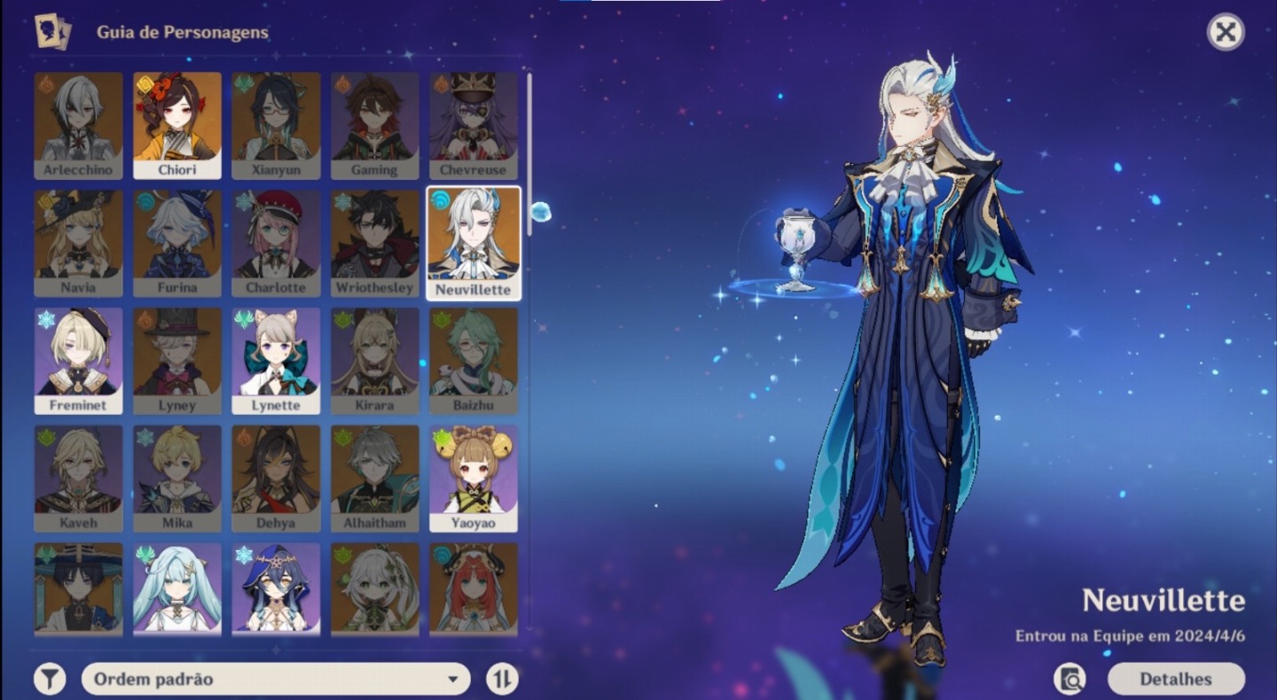 Conta com neuvillette c1, kazuha, chiori, itto, diluc, jean e qiqi