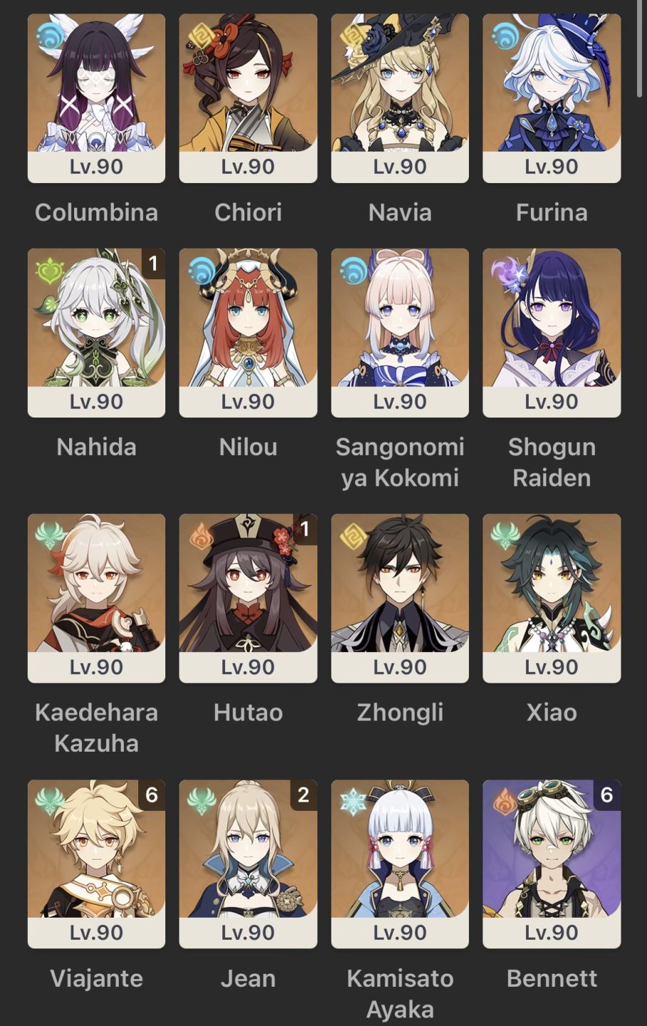 CONTA GENSHIN AR 60 | Raiden, Furina, Columbina, Nahida C1, Zhongli e Hutao C1.