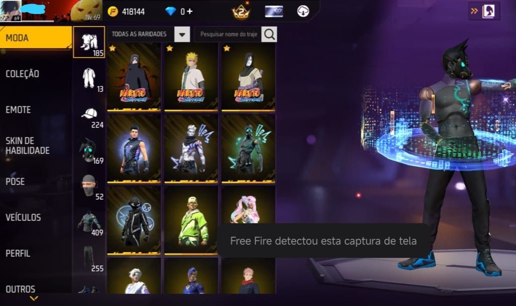 CONTA FF LVL 69 TODAS AS CAMISAS DE TIME + COMBO NARUTO FULL + UMP COMPETITIVA