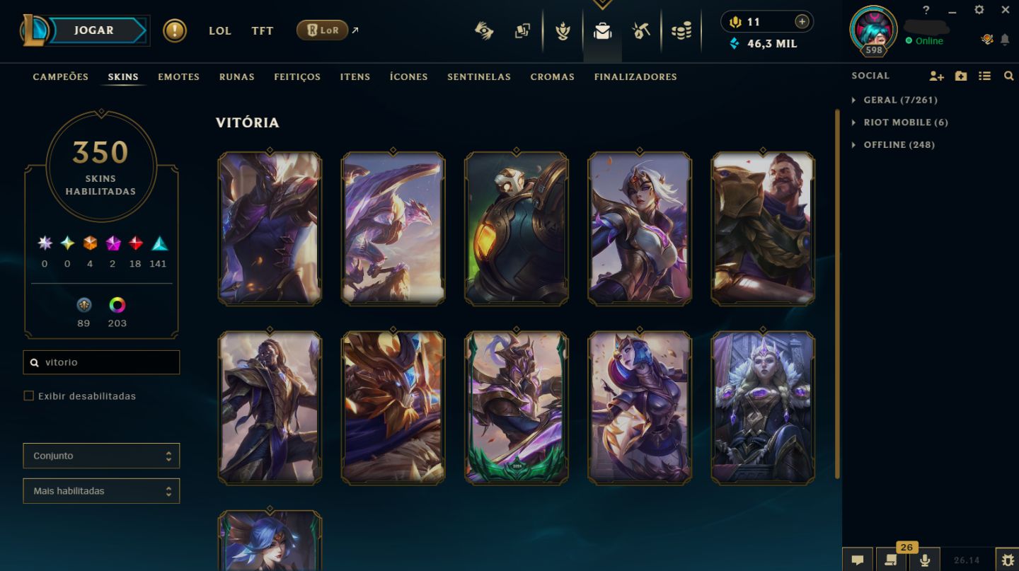CONTA DE 2015 - 350 SKINS / MMR ESMERALDA I / 203 CROMAS / HONRA 5 /