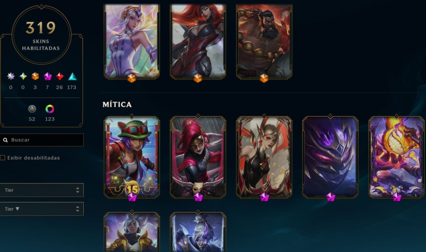 Conta lv 598 com 319 SKINS | 3 ULTIMATE | 7 MITICAS | 282 mil essências azuis