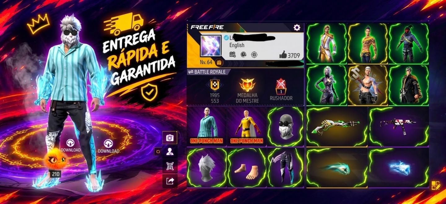 PÉ DESCALÇO+CALÇA ANGELICAL+ONE PUNCH MAN+2 PUNHOS+SKINS DE ANIME CONTA ANTIGA