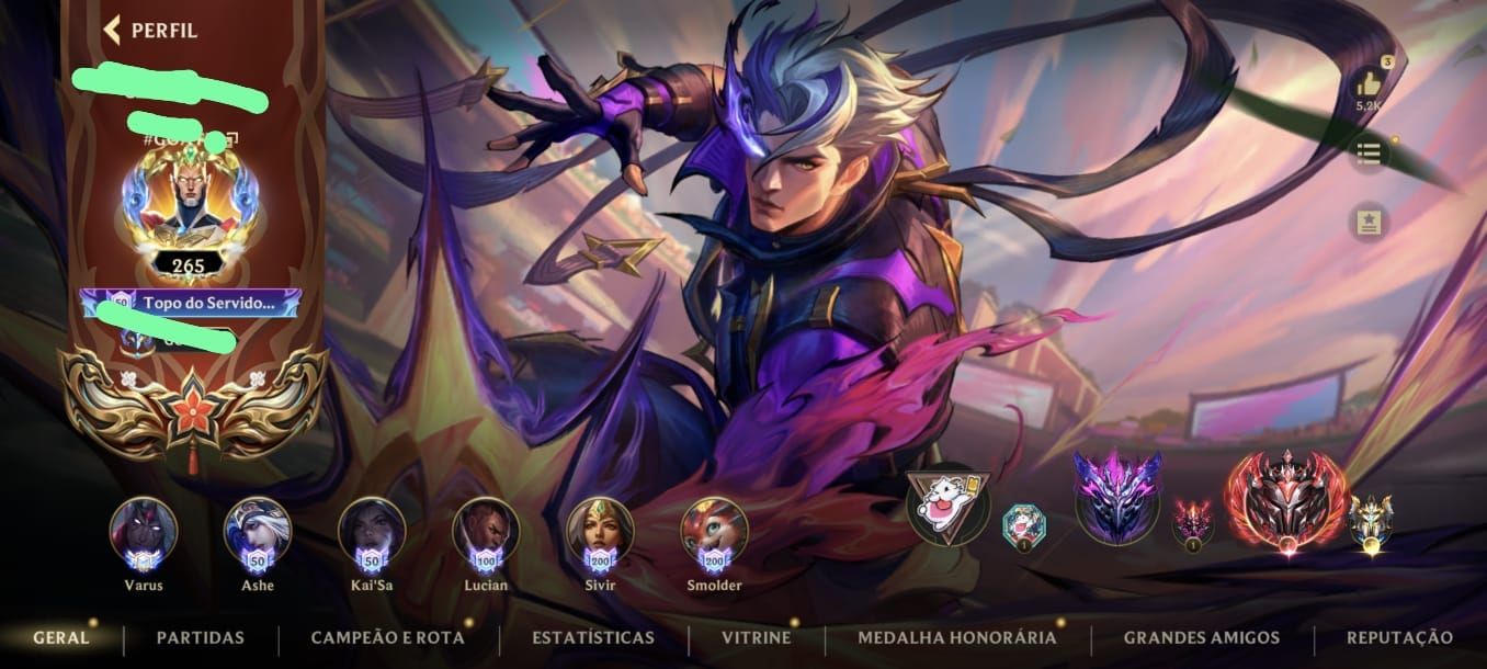 Conta wild rift, maior elo monarca, top ranking varios adcs, 108k de coleção