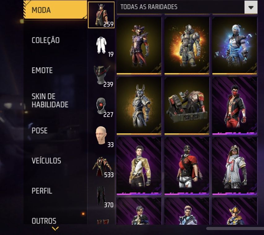 Conta Free Fira com skins de passes antigos