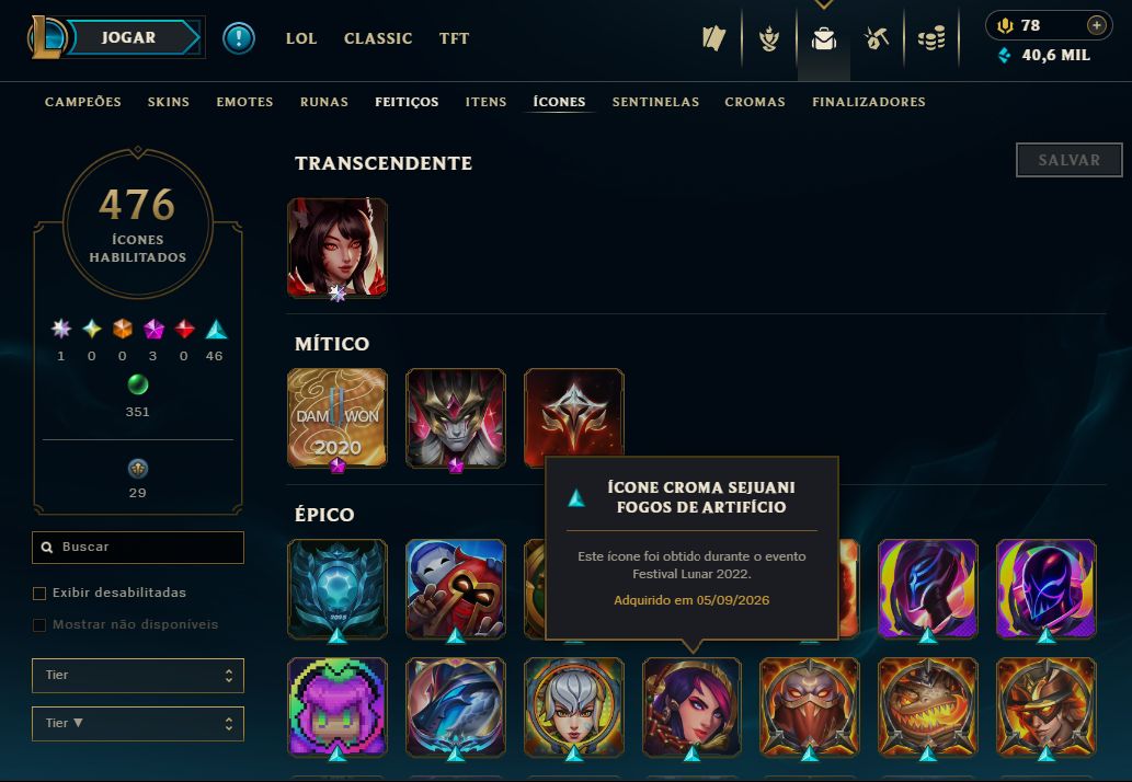 CONTA RARA DE 2014 FULL CAMPEÕES E SKIN AHRI FAKER,MONO RIVEN JHIN,DRAVEN 1 MI