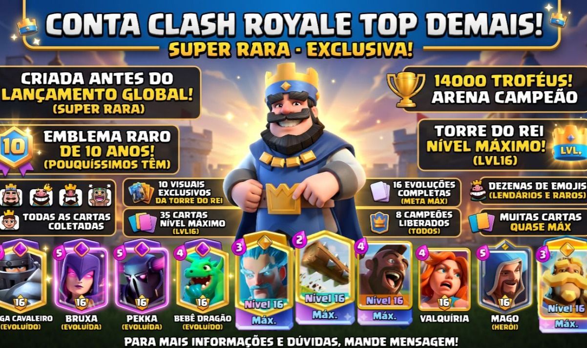 Conta Clash Royale Nível 16 Várias Cartas Nível Máximo 14k troféus Arena Campeão