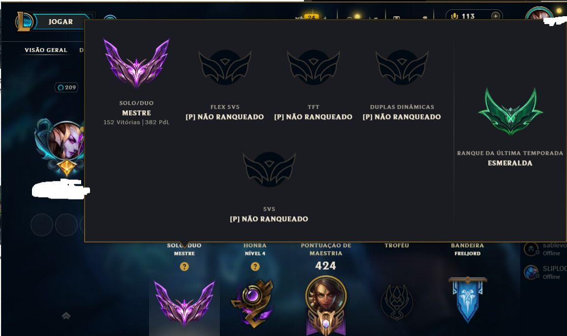 Conta Mestre - 382 pdl/120 champs/ 103 skins e emote challenger e grão mestre