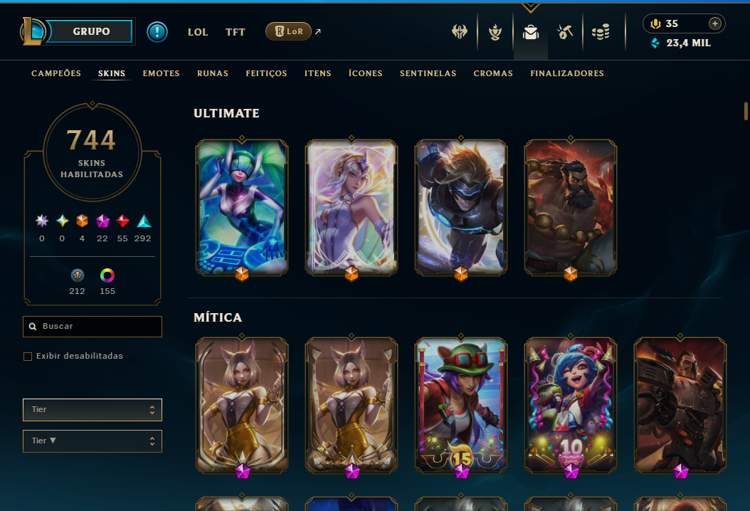 Conta League of Legends - 3 Emote Challenger e 802 Skins