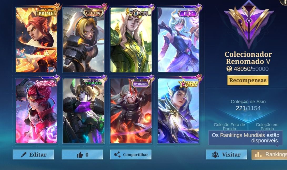 Conta mlbb 6Anos 222skins 111 star único dono wr medianos Full emblemas e herois