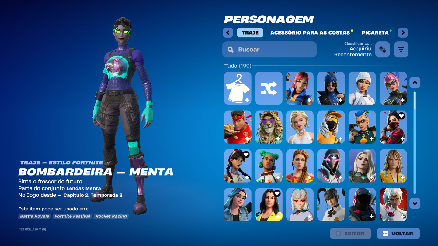 Conta de Fortnite com picareta do kratos entre outras skins e picaretas