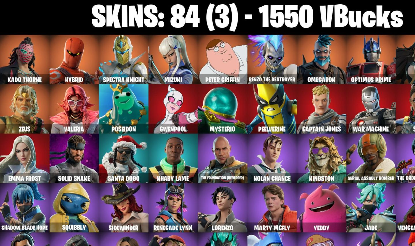 84 Skins - spektra knight, blackheart, emma frost, santa dogg, 1550 vbucks