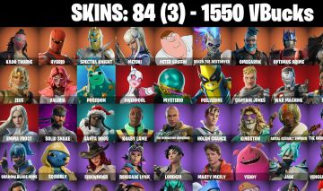 84 Skins - spektra knight, blackheart, emma frost, santa dogg, 1550 vbucks