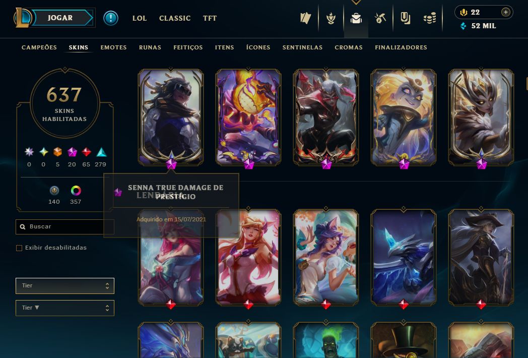 CONTA LOL PLATINA II + 637 skins(5 ultimates, 20 Miticas, 65 Lendarias,279 epic)