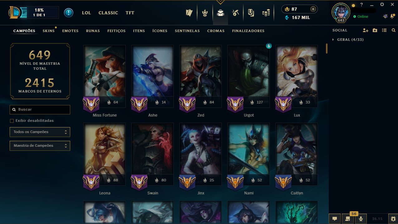 CONTA LEAGUE OF LEGENDS CRIADA EM 2016 LV 643 C/ 870 SKINS
