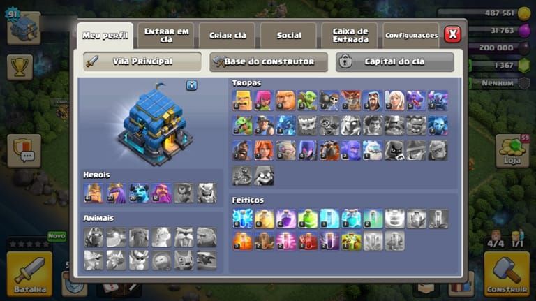 [CV12] Conta Clash of Clans Nível 91 | 1.360+ Gemas | 4 Construtores |