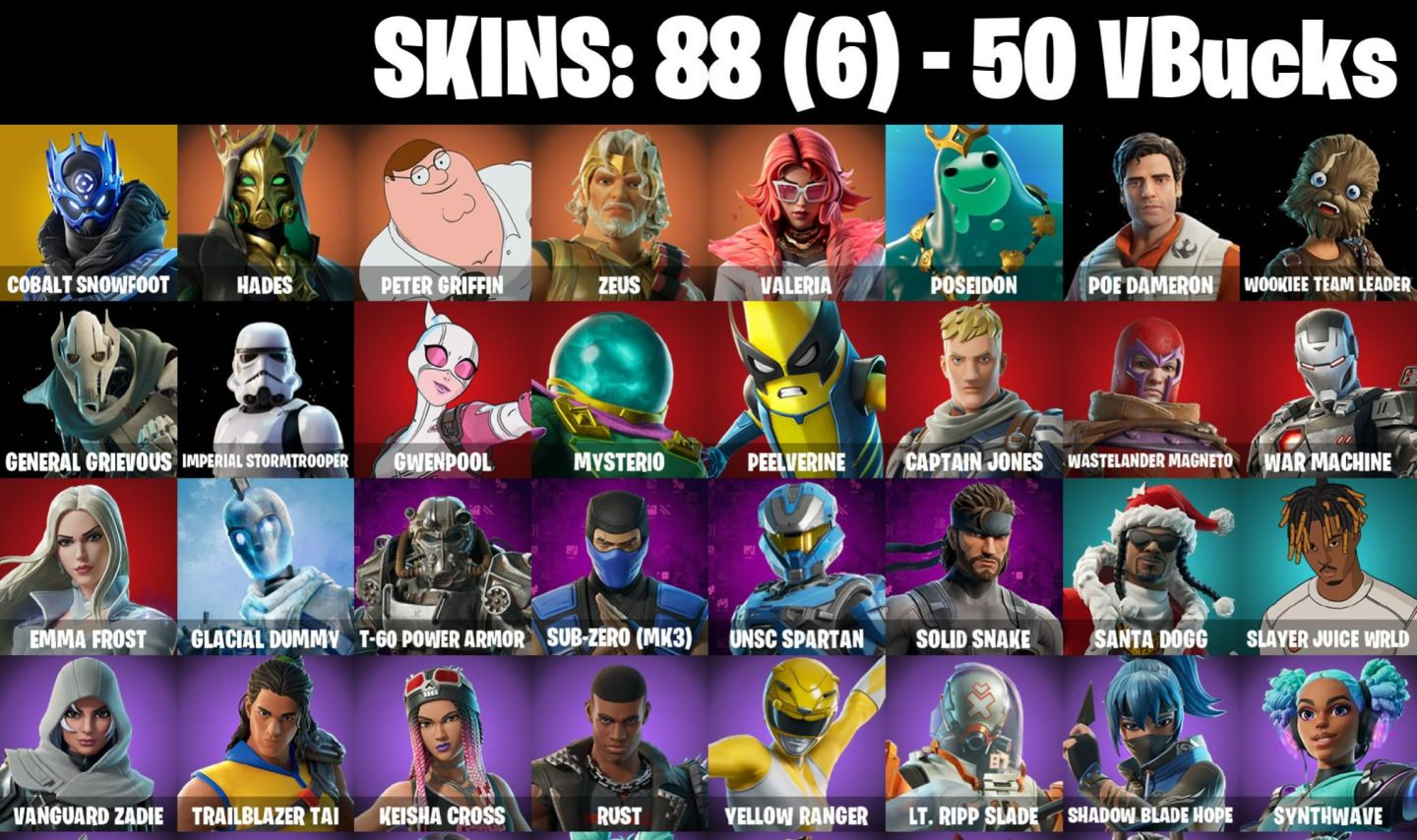 88 Skins - cobalt snowfoot, peter griffin, gwenpool, war machine, 50 vbucks