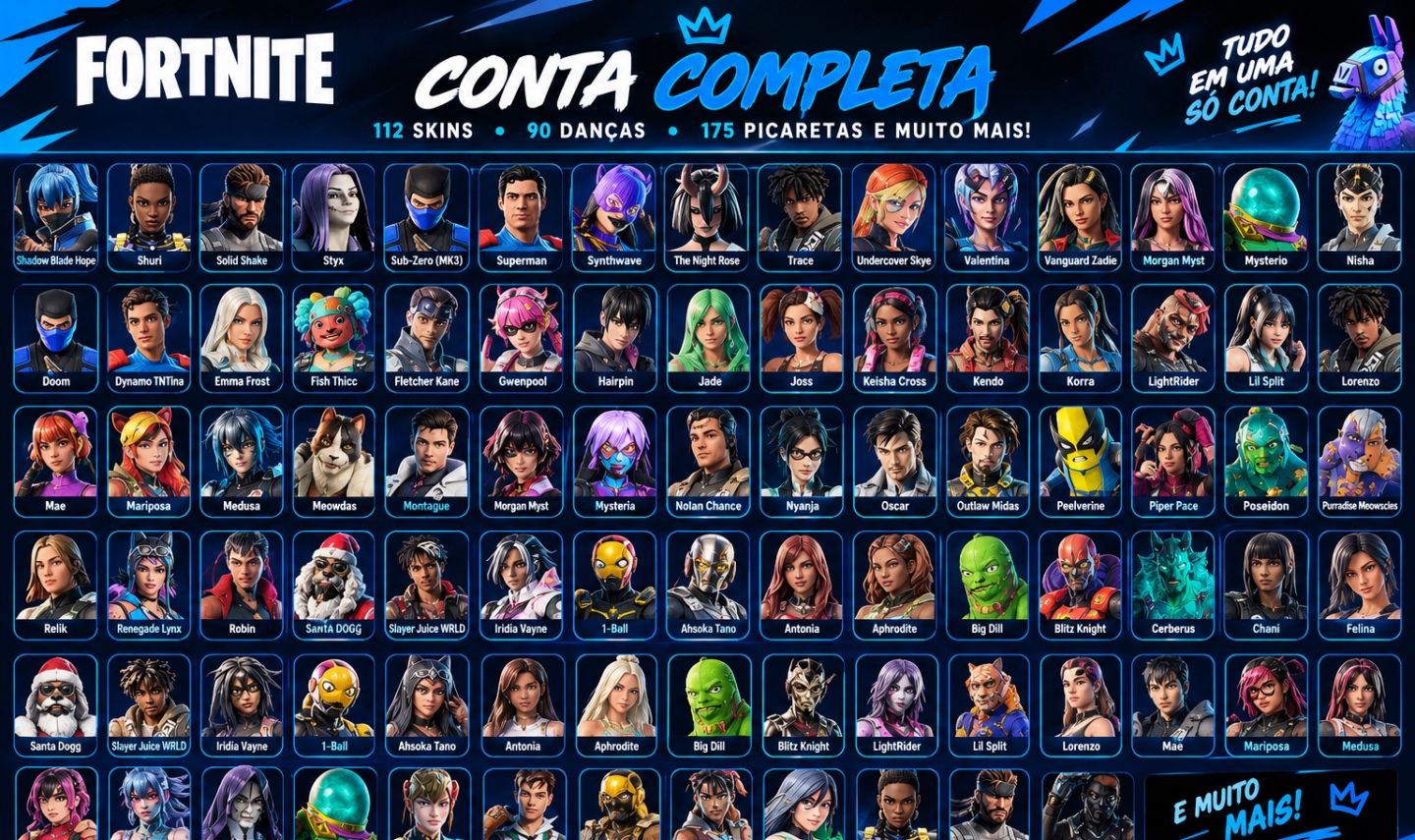 Conta Fortnite Full Acesso | 112 Skins, 90 Danças, 175 Picaretas e 800 V-Bucks