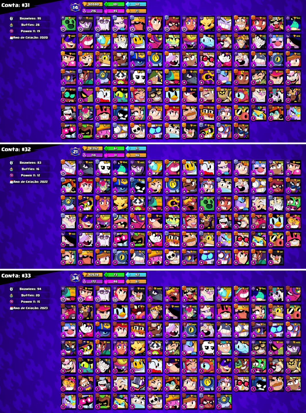 CONTAS BRAWL STARS c/LENDÁRIOS e MUITOS TROFÉUS!!