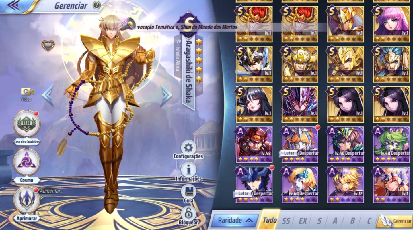 Conta Saint Seiya Awakening sv 142 lv 37 78 gemas, 12 livros azuis, Dégel e mais
