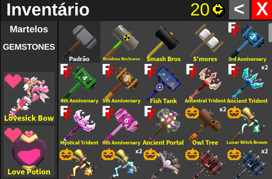 SETs (Marreta + Gema) de marretas Flee The Facility - Roblox