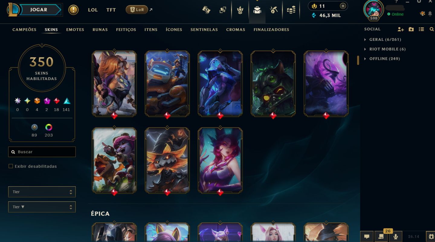 CONTA DE 2015 - 350 SKINS / MMR ESMERALDA I / 203 CROMAS / HONRA 5 /
