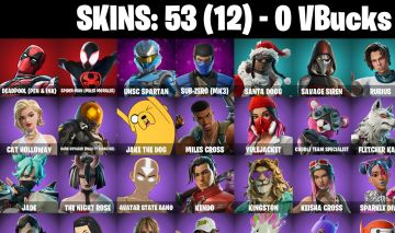 53 Skins - Spider Man Miles Morales, Sub Zero MK3, Santa Dogg, 0 vbucks