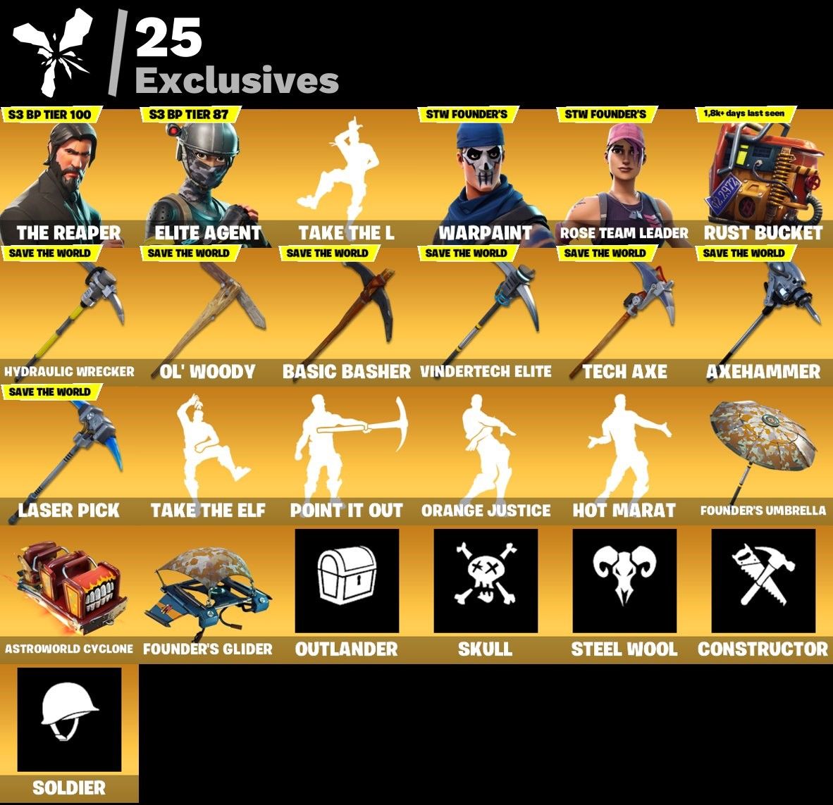 CONTA FORTNITE 52 SKINS CEIFADOR E SALVE O MUNDO FUNDADOR RAIO 120