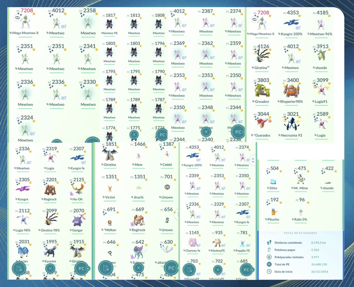 CONTA NÍVEL 57 3 SHUNDOS | 262 SHINIES | 10 MEWTWO SHINY E 21 COM ARMADURA |