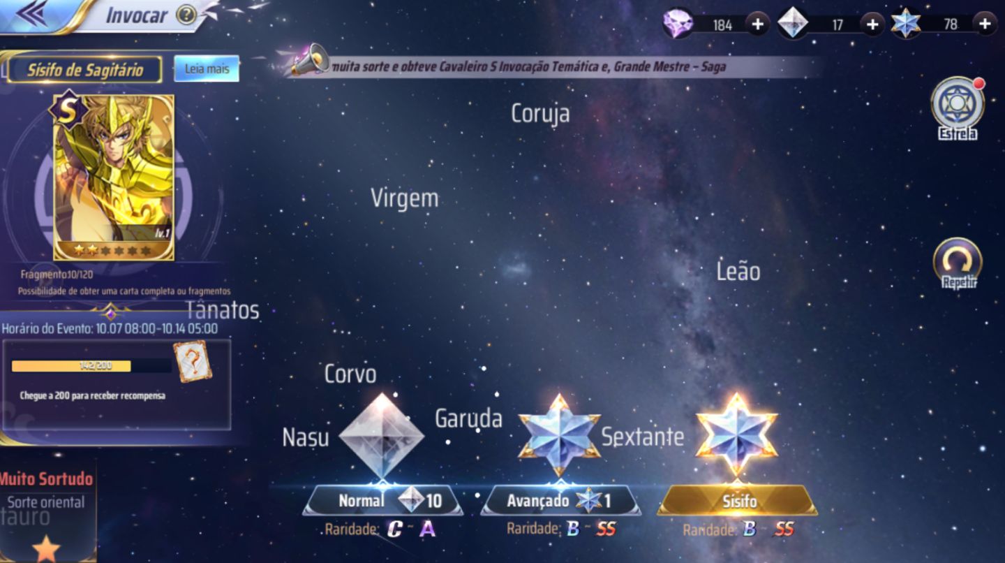 Conta Saint Seiya Awakening sv 142 lv 37 78 gemas, 12 livros azuis, Dégel e mais