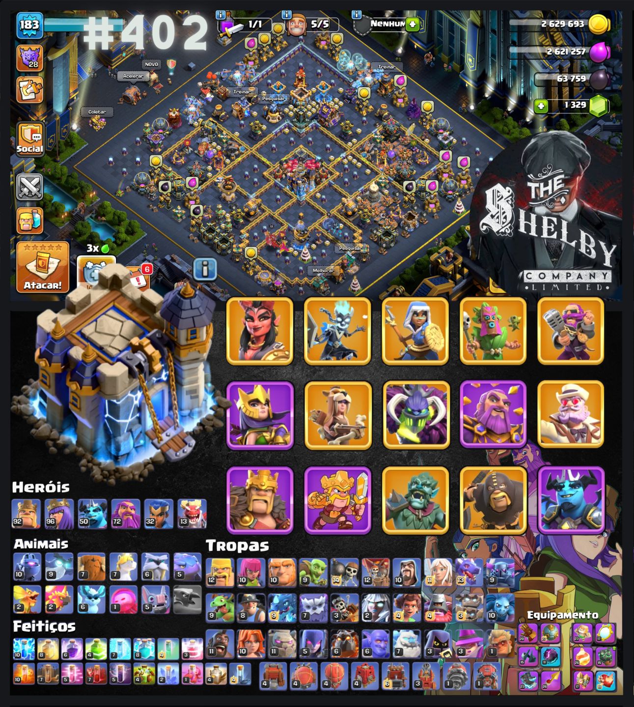 Contas de Clash of clans CV 13, 14, 15, 16, 17, 18 Com Várias Skins e Paisagens.
