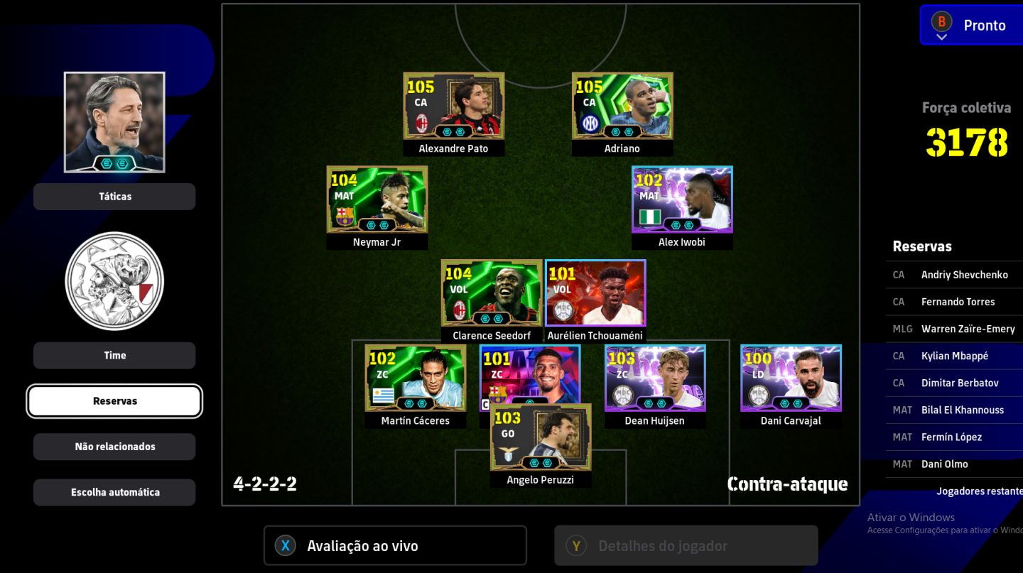 EFOOTBALL STEAM FORÇA 3178 | ADRIANO 105, ALEXANDRE PATO 105, NEYMAR 104 E MUITO