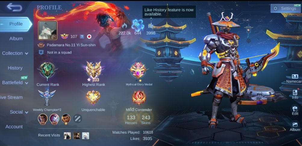 Conta Mobile Legends Lendary | 243 Skins | 133 Heróis | Collector Yi Sun-Shin