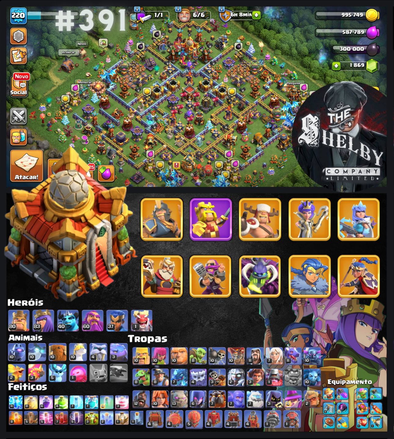 Contas de Clash of clans CV 13, 14, 15, 16, 17, 18 Com Várias Skins e Paisagens.