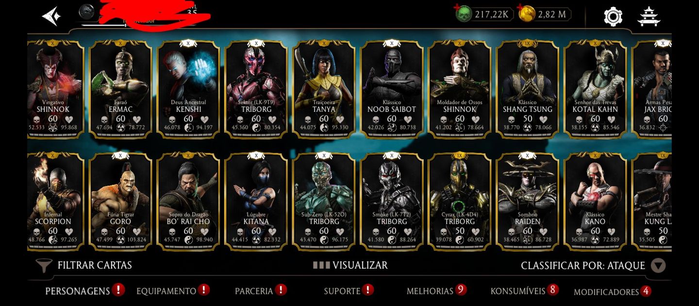 Conta mortal Kombat, Android, 215 K de Alma, varios épicos no X
