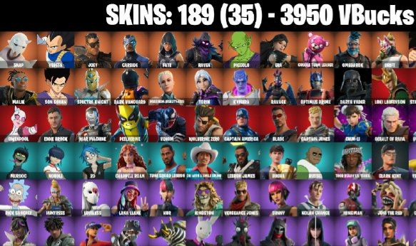 189 Skins - Carbide, Drift, Ragnarok, Darth Vader, Emma Frost, 3950 vbucks