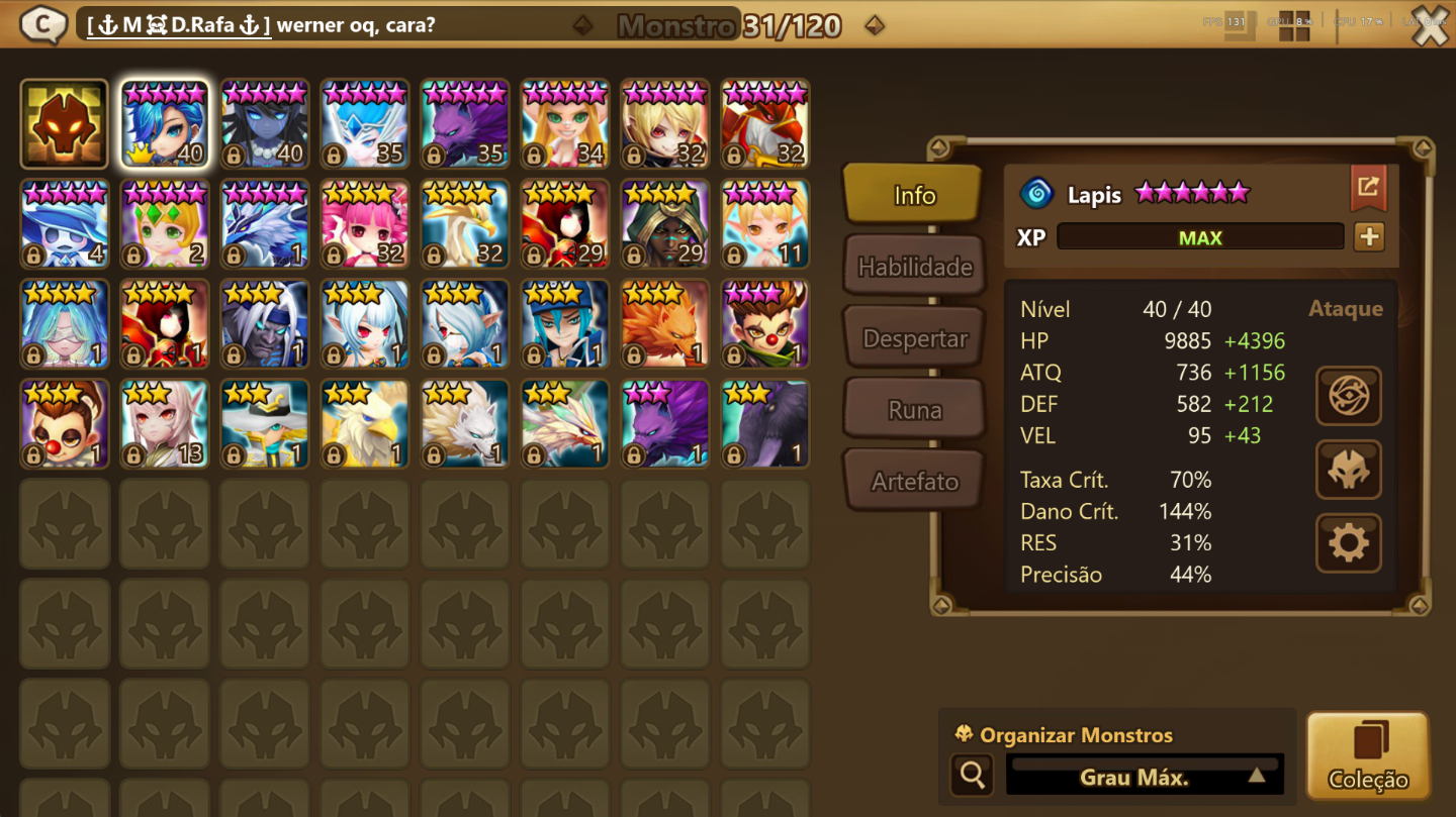 CONTA SUMMONERS WAR COM LD NAT5 (ELUDIA) + BÊNÇÃO ATIVA +7 DIAS | OPORTUNIDADE
