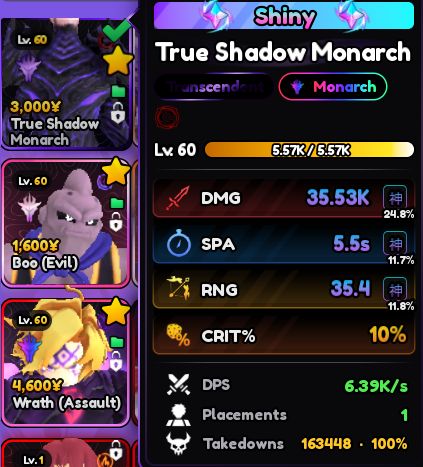 Anime Vanguards Conta Shiny SungJinWoo Transcendent level max + 14K Trait Rerrol