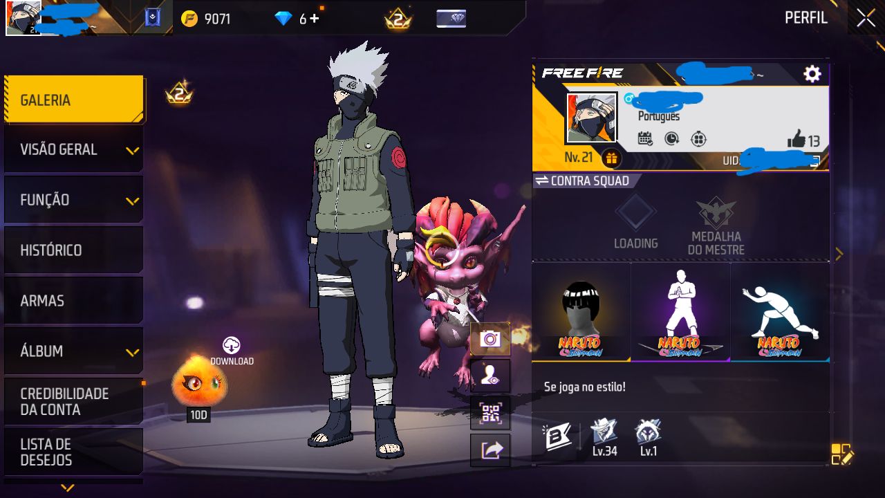 CONTA FREE FIRE PLATINA SKIN KAKASHI E SAKURA