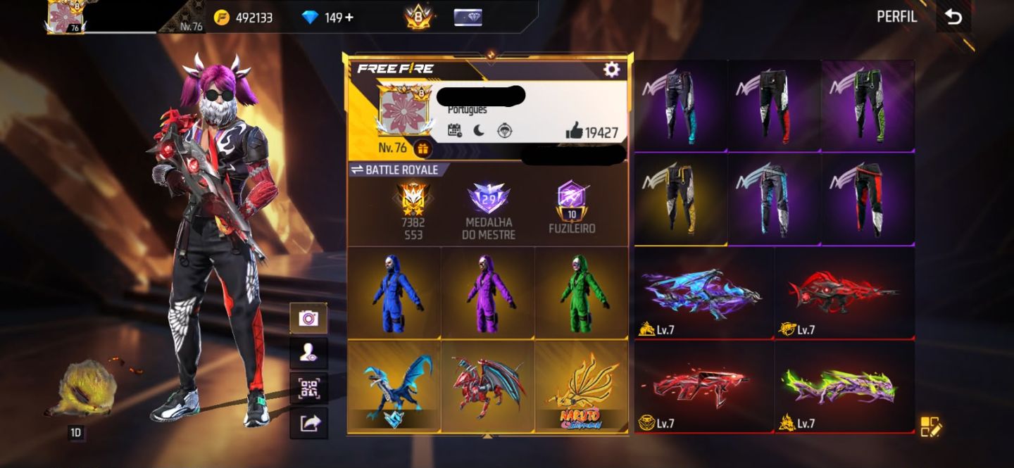 Conta Free Fire Gemada com 7 Angelicais, 10 Evolutivas, Prime 8, 900+ Peitorais