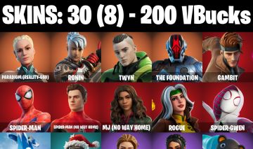 CONTA FORTNITE COM 30 SKINS SPIDER MAN/GUMBO/SPIDER-GWEN/MJ/ABSENZ/ROGUE