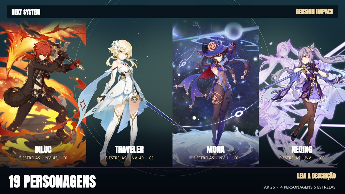 Conta Genshin Impact | AR 26 | 19 Personagens | 4 Lendários 5 |