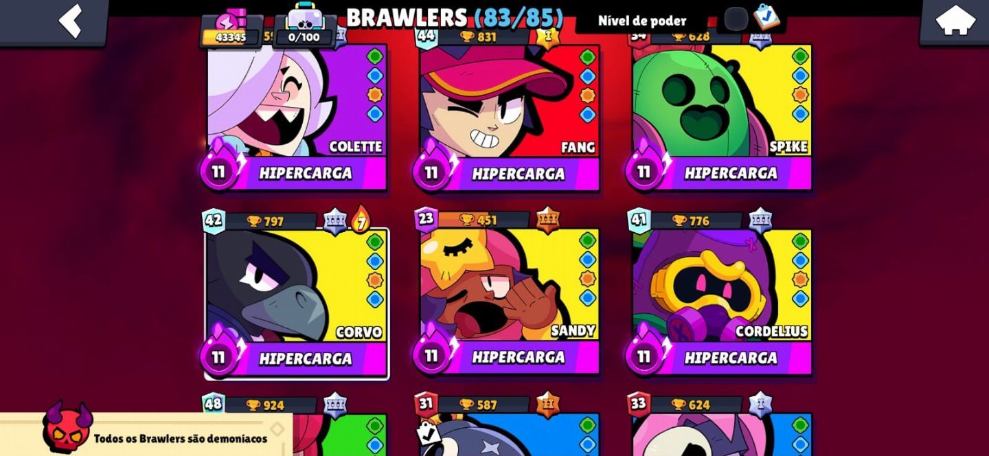 CONTA BRAWL STARS 83/85 BRAWLERS, 43K TROFÉUS, ANTIGA (2018), MUITA SKIN.